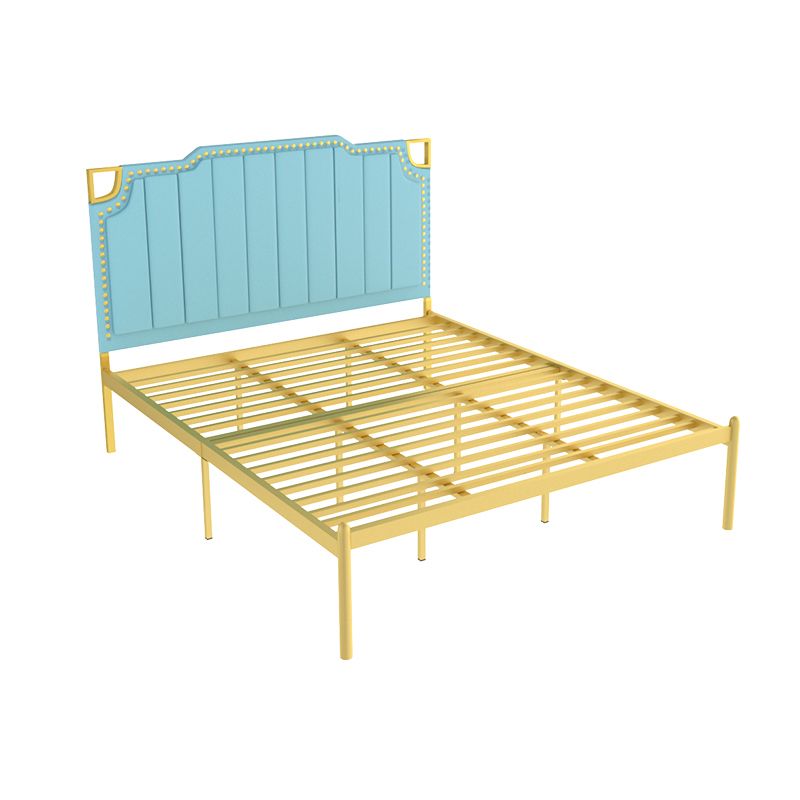 Iron Bed with Faux Leather Stepped Headboard and Nailhead Trim