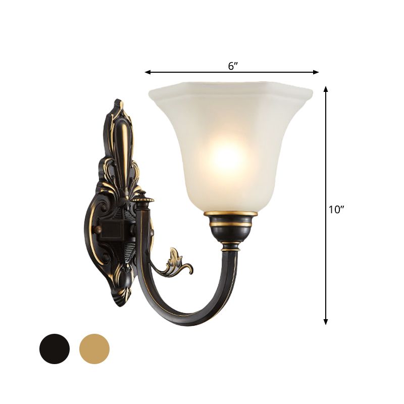 Curved Arm Corridor Wall Lamp Traditional Metal 1/2-Head Brass/Black and Gold Sconce Light with Flared Frosted Glass Shade