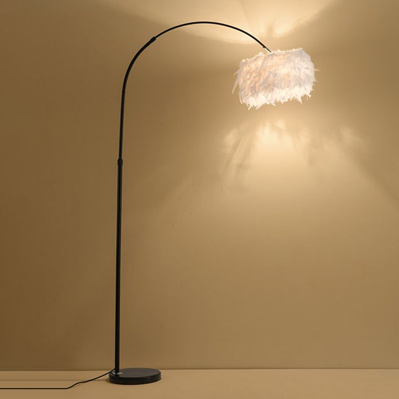 Feather Drum Stand Up Lamp Simplicity 1��Bulb Floor Lighting with Arc Arm for Living Room