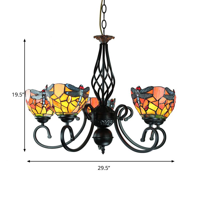 Ciotola rustica ciotola leggera libellula a 5 luci lampada lampadario in vetro colorato per camera da letto