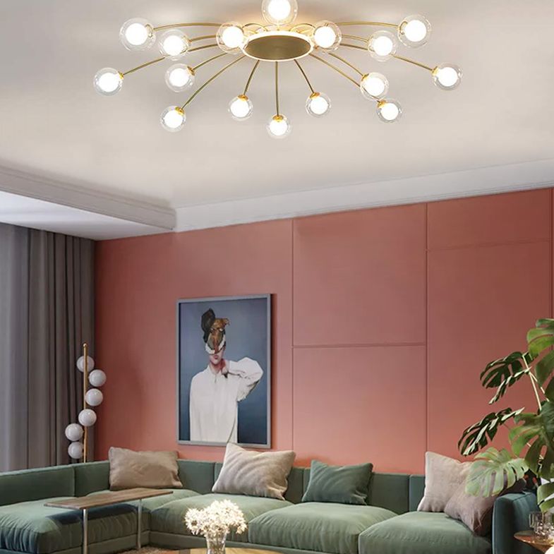 Glass Shade LED Semi Flush Mount in Modern Creative Style Sputnik Metal Ceiling Light in Gold