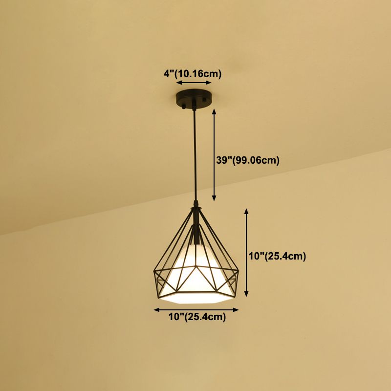 Lampada a ciondolo a ciondolo in gabbia di ferro, sospensione della sala da pranzo retrò in nero