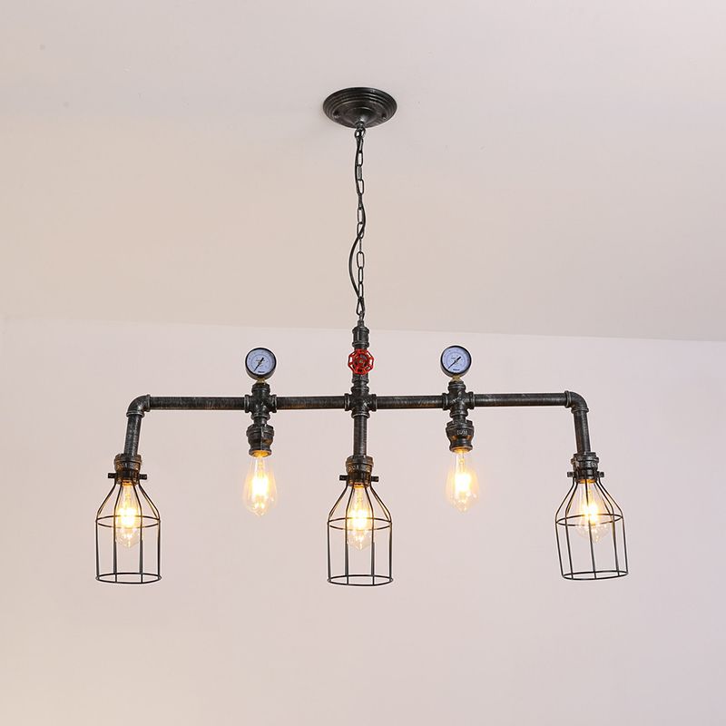 Pipe and Gauge Metal Island Lighting Industrial 5 Lights Restaurant Suspension Light with Cage in Black