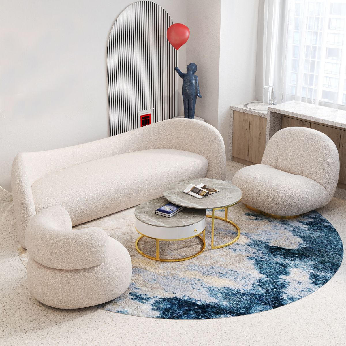 Contemporary White Wool Sofa with Recessed Arm for Apartment