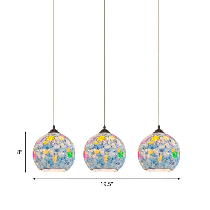 Tiffany Glass Light Blue Multi Pendant Leaf-Pattern Globe 3-Bulb Baroque Ceiling Suspension Lamp
