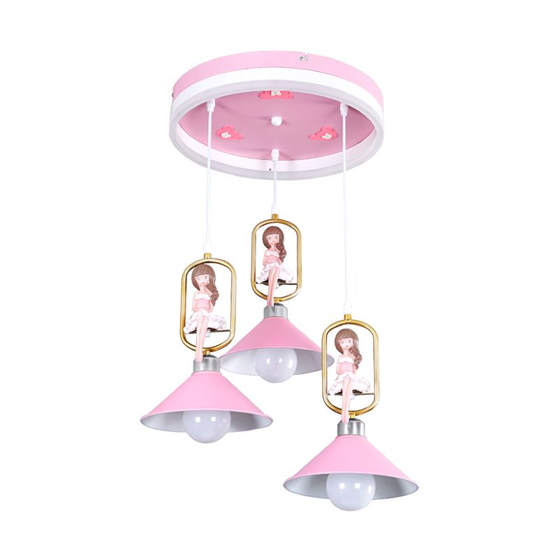 Metallic Bell Anhänger Light Kit Cartoon 3 Glühbirne Hängende Lampe mit Mädchendekor in Pink