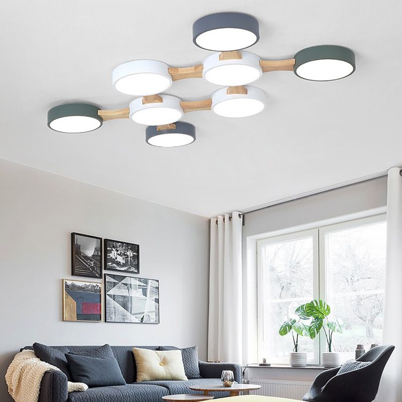 Plafonnier LED Macaron en bois de style créatif moderne, plafonnier circulaire en fer forgé avec abat-jour en acrylique