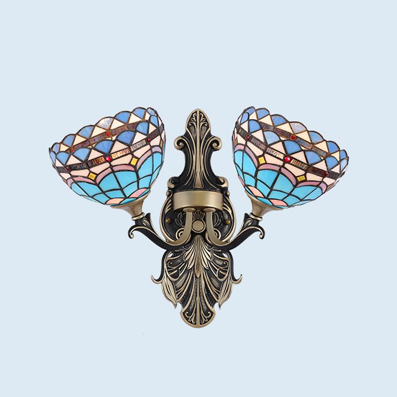 Cut Glass White/Red/Yellow Wall Lighting Idea Blossom/Domed 2 Lights Tiffany Stylish Sconce with Curved Arm