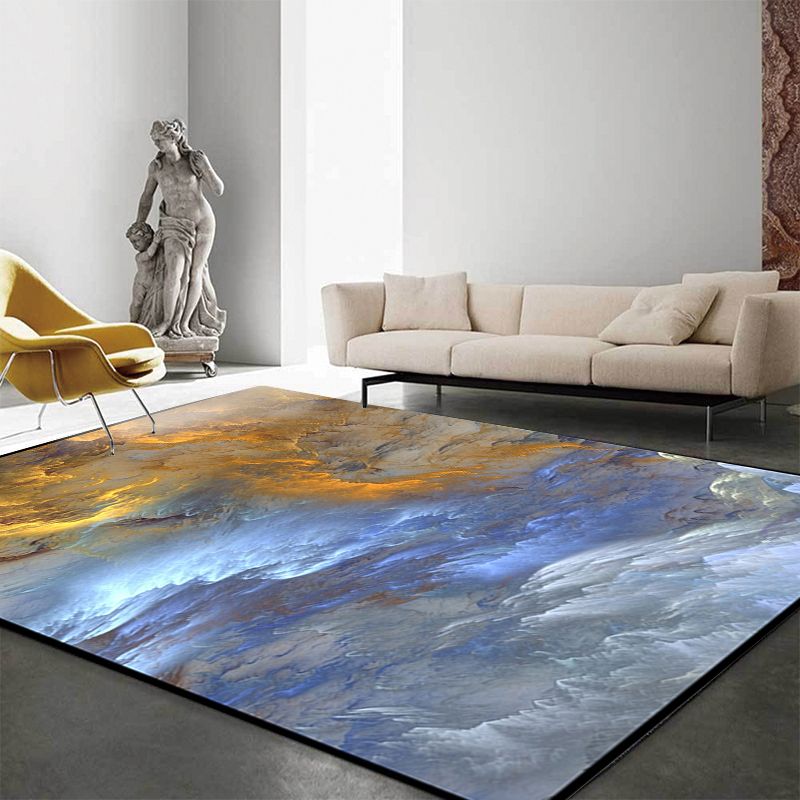 Modern Living Room Rug in Blue and Yellow Abstract Cloud Print Rug Polyester Stain-Resistant Washable Area Rug