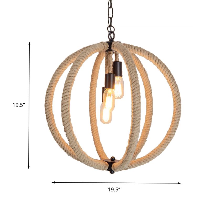 Chandelier de couloir d'orbe Hanging Light Light Retro Style Corde de chanvre 3 lumières Lampe de plafond beige