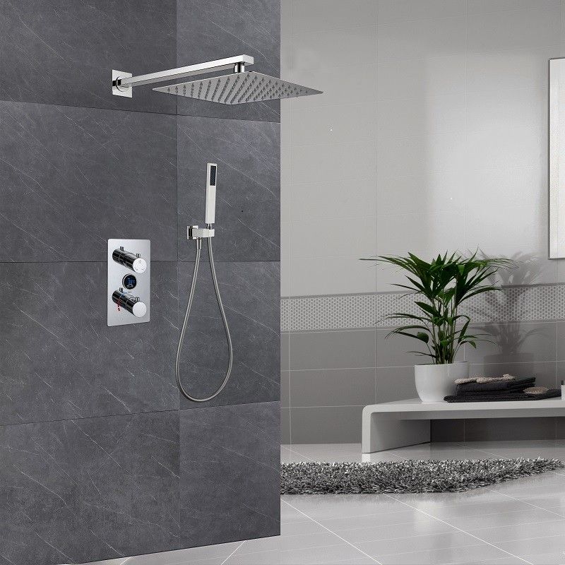 Copper Shower Set Rain Shower Head Square Ceiling-Mounted Shower System with Handshower