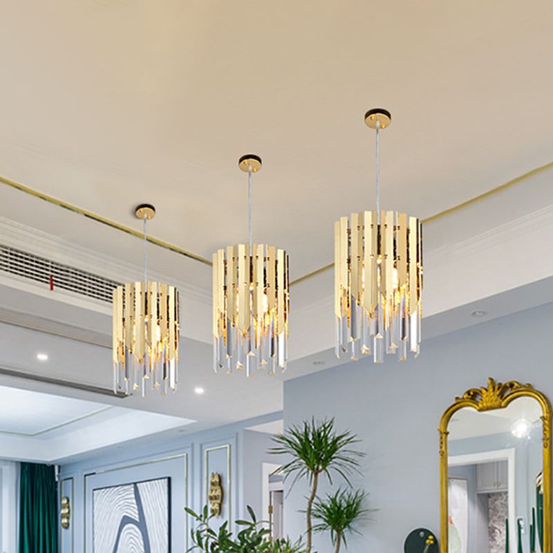 Cylindrical Ceiling Lamp Minimalist Crystal Prisms 1 Light Restaurant Suspension Pendant in Gold