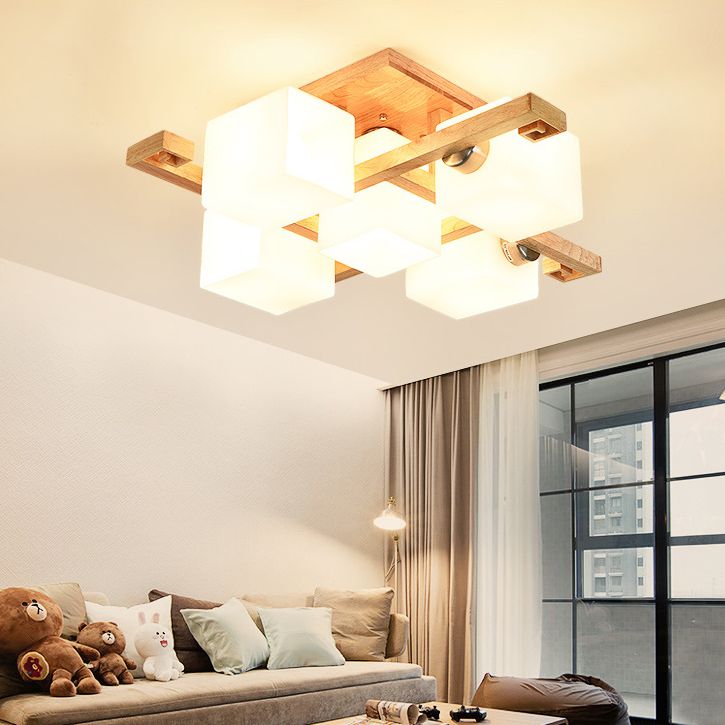 Modernes Naturholz halb Flush Mount Leuchte Rechteckglas Schatten Halbflush für Wohnzimmer