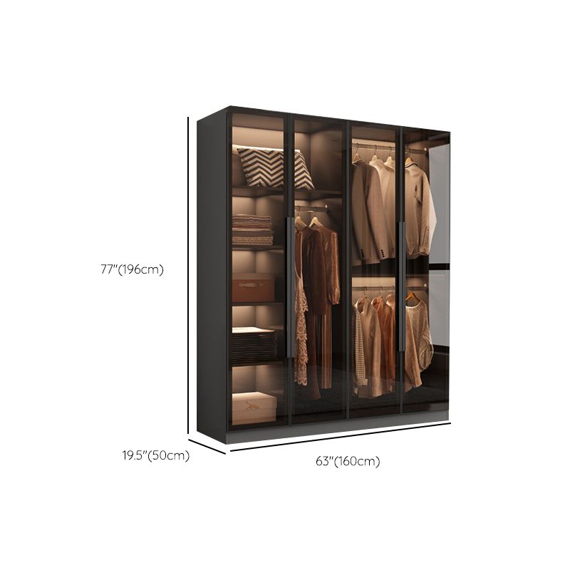 Freestanding Grey Wood Frame Wardrobe Modern Multifunctional Wardrobe with Glass Doors