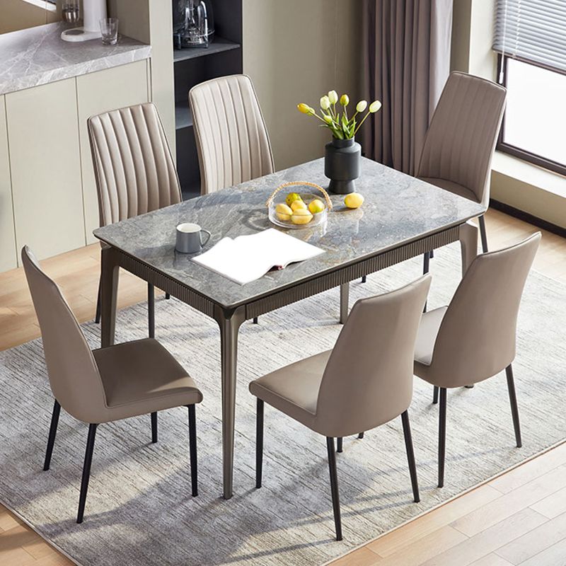 Gray Contemporary Rectangular Stone Dining Table with Solid Wood Legs