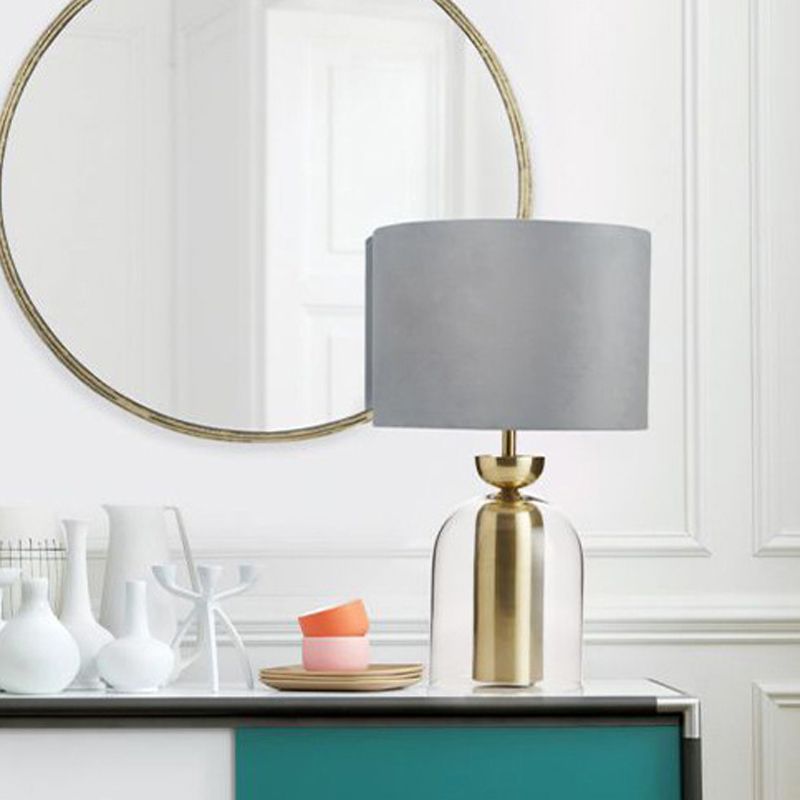 Gold Bell Table Light Contemporary 1 Bulb Clear Glass Desk Lamp with Grey Fabric Shade for Bedside