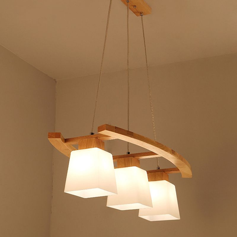 Trapezoid Dining Room Island Lamp Ivory Glass 3-Bulb Minimalist Suspension Pendant Light in Wood