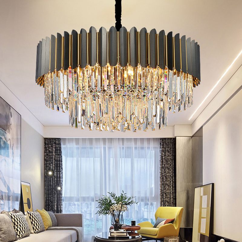 Geometric Chandelier Light Simplicity Tri-Prism Crystal Living Room Pendant Light Fixture in Black
