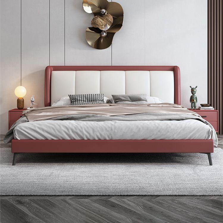 Scandinavian Genuine Leather Standard Bed Pine Wood Panel Bed