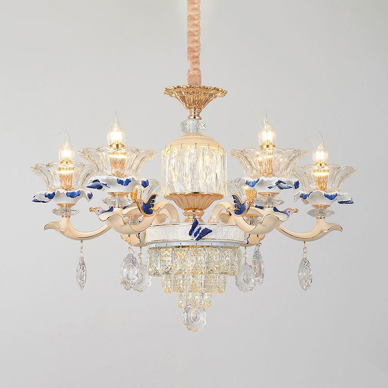 Flower Ribbed Glass Suspension Light Retro Style Living Room Chandelier Light with Crystal Draping in White