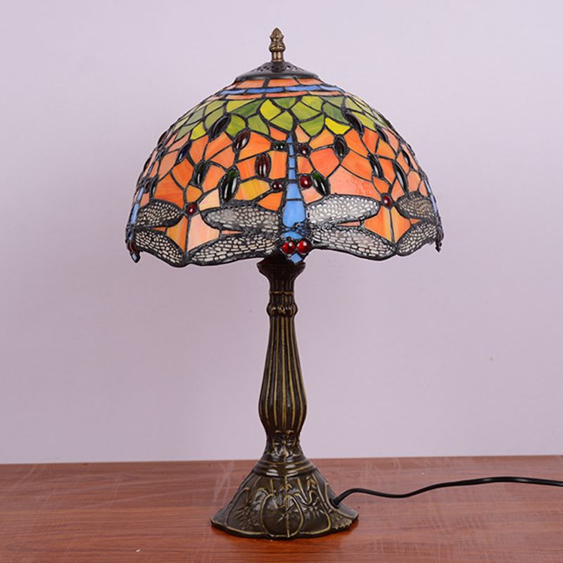 Dragonfly Table Light 1-Head Stained Art Glass Tiffany Night Lamp in White/Yellow/Orange for Living Room