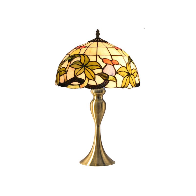 Vintage Dome Table Lamp Single-Bulb Handcrafted Glass Nightstand Lighting with Floral Pattern
