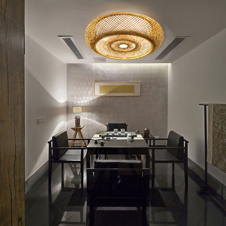 Wooden Circular Ceiling Light in Asian Simplicity Weave Bamboo Flush Mount for Corridor