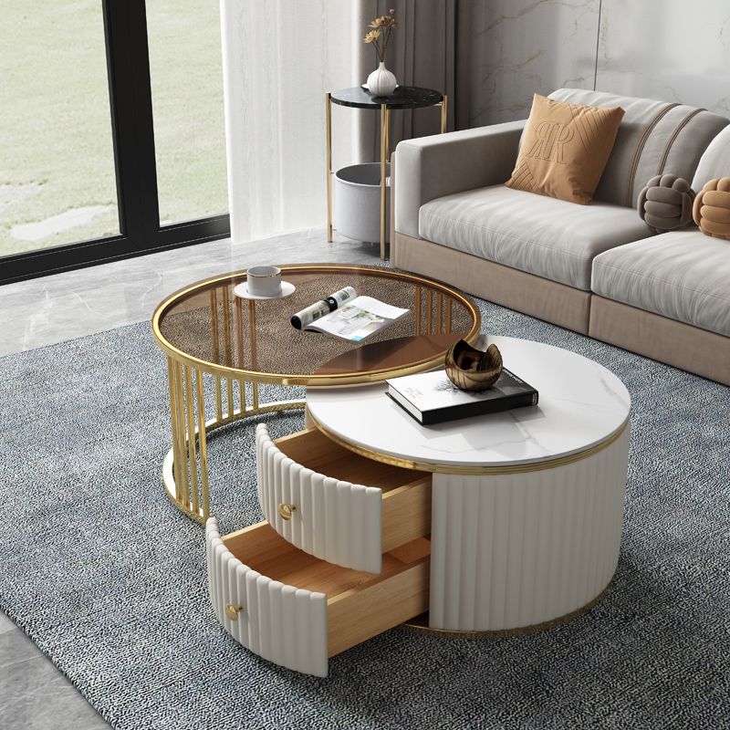 Round Coffee Table Glass Top Nesting Coffee Table Set with Golden Legs