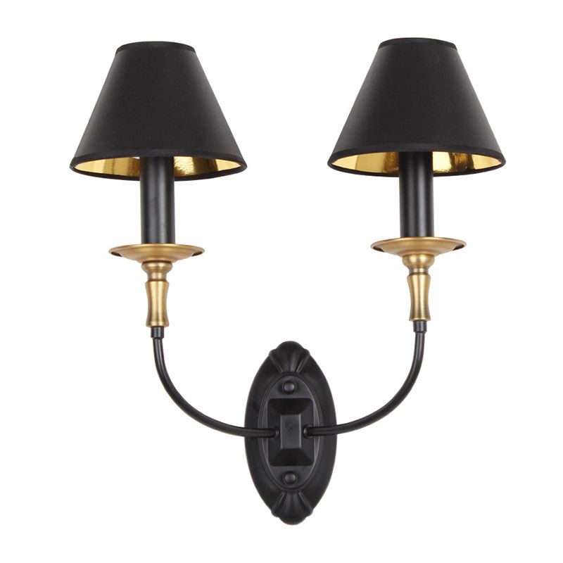 Tapered Living Room Wall Light Sconce Vintage Style Fabric 1/2 Lights Black Wall Mount Lighting with Swooping Arm