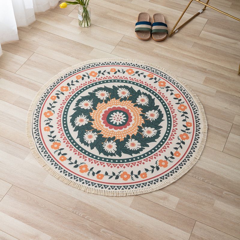 Orange Tone Bohemian Rug Americana Print Fringe Design Area Carpet Cotton Blend Rug for Home Decor