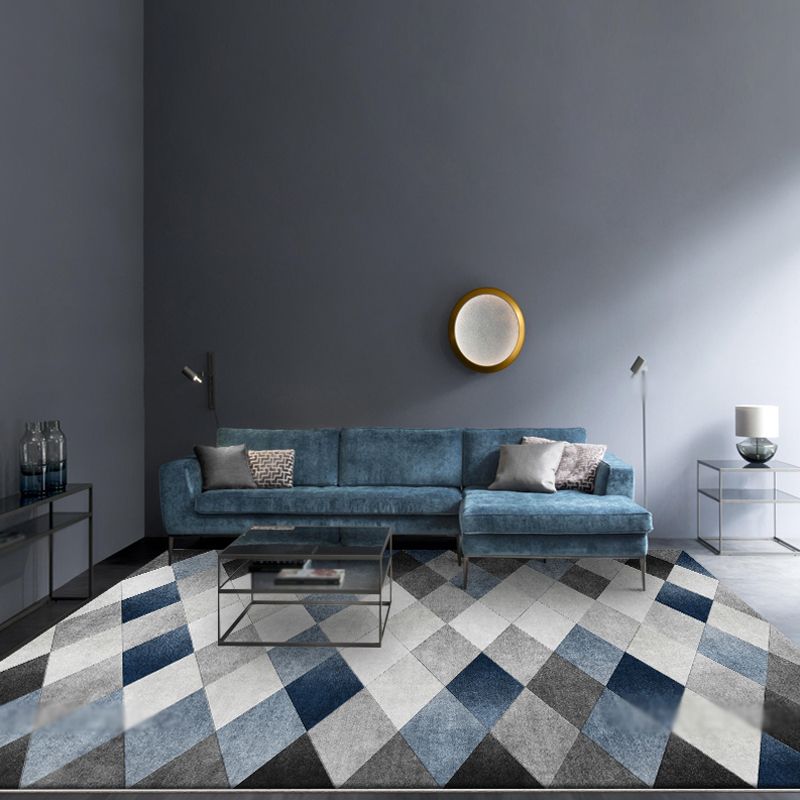Contemporary Checked Pattern Rug Grey and Blue Polyester Carpet Washable Anti-Slip Backing Pet Friendly Indoor Rug for Bedroom