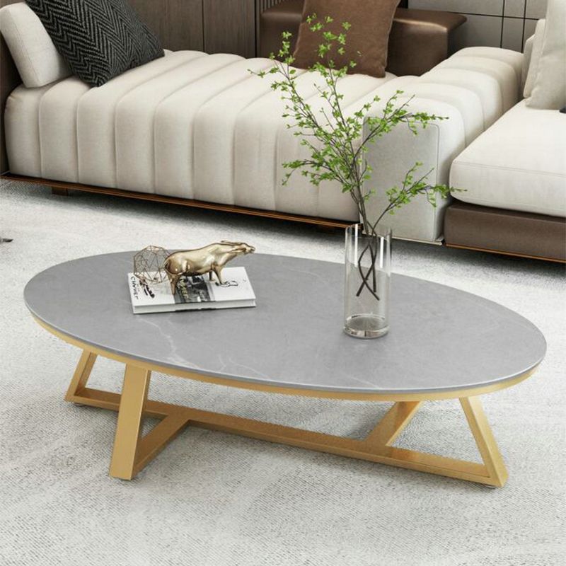 Glam Iron Cross Legs Cocktail Table Oval Slate Top Coffee Table