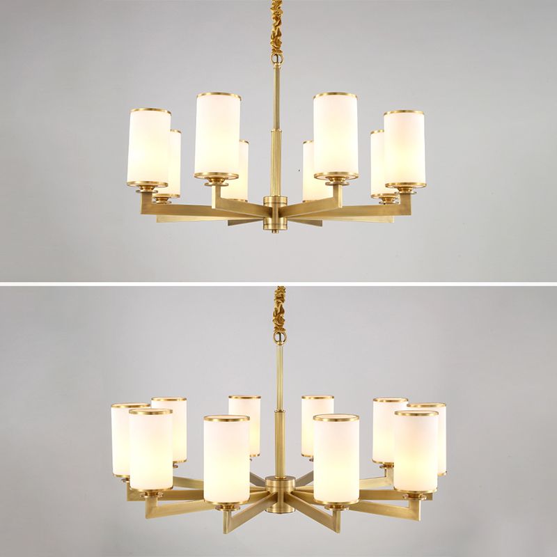 Traditional Brass Cylinder Chandelier Lamp Glass Shade Multi-light Hanging Light Fixtures