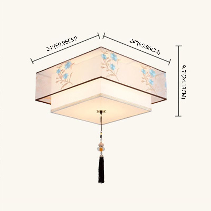 Plafonnier géométrique blanc en fer forgé de style minimaliste traditionnel avec abat-jour en tissus brodés