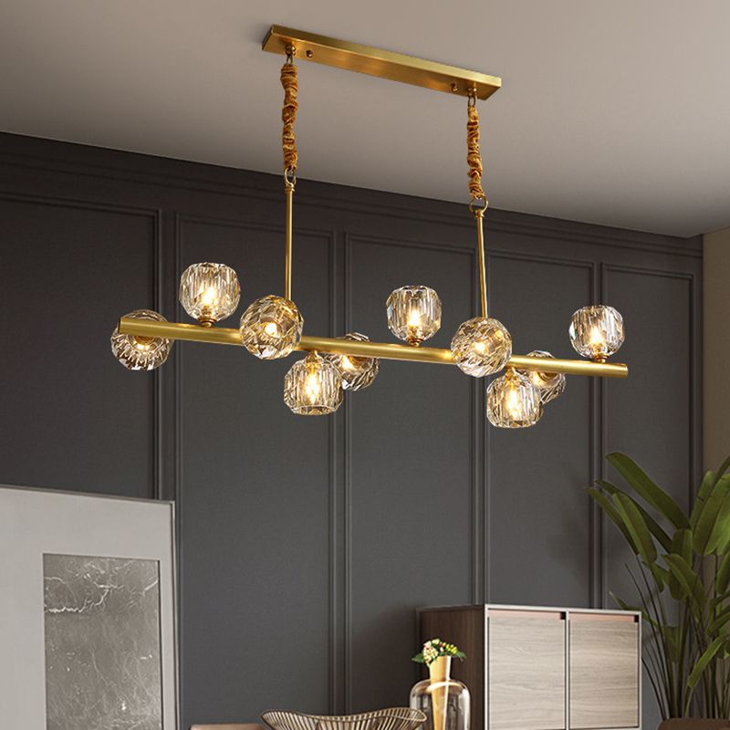 Modern Kitchen Island Light Brass & Crystal Pendant Ceiling in Gold & Clear