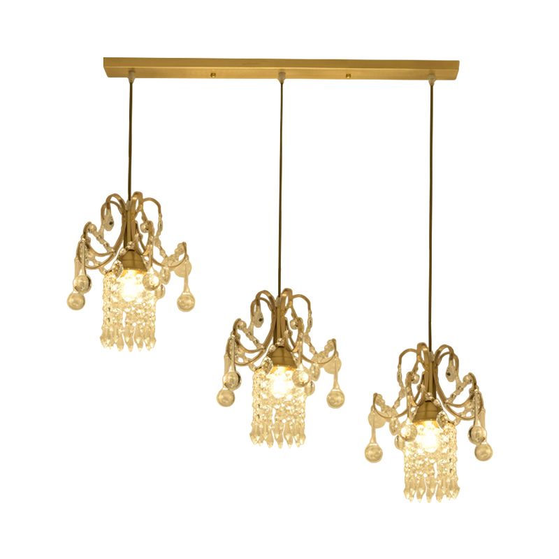 Crystal Drip Cylindrical Island Lighting Minimalist 3 Bulbs Brass Suspension Lamp over Dining Table