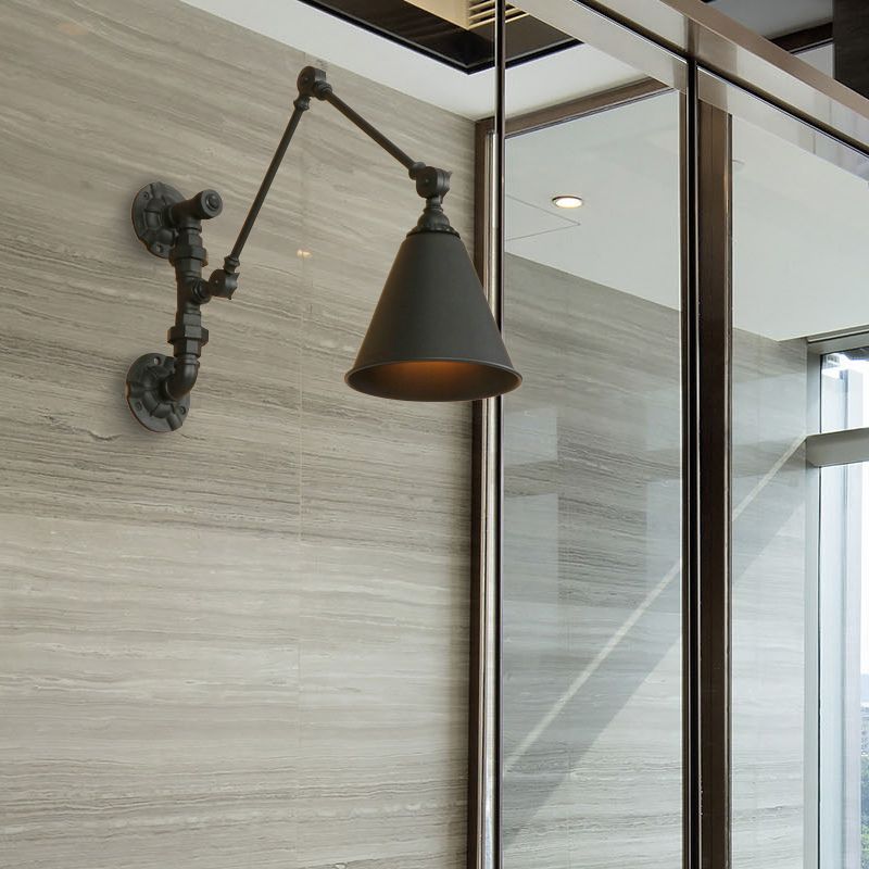 1 Bulb Swing Arm Wall Sconce Lighting Industrial Black Metal Wall Mount Light with Cone Shade
