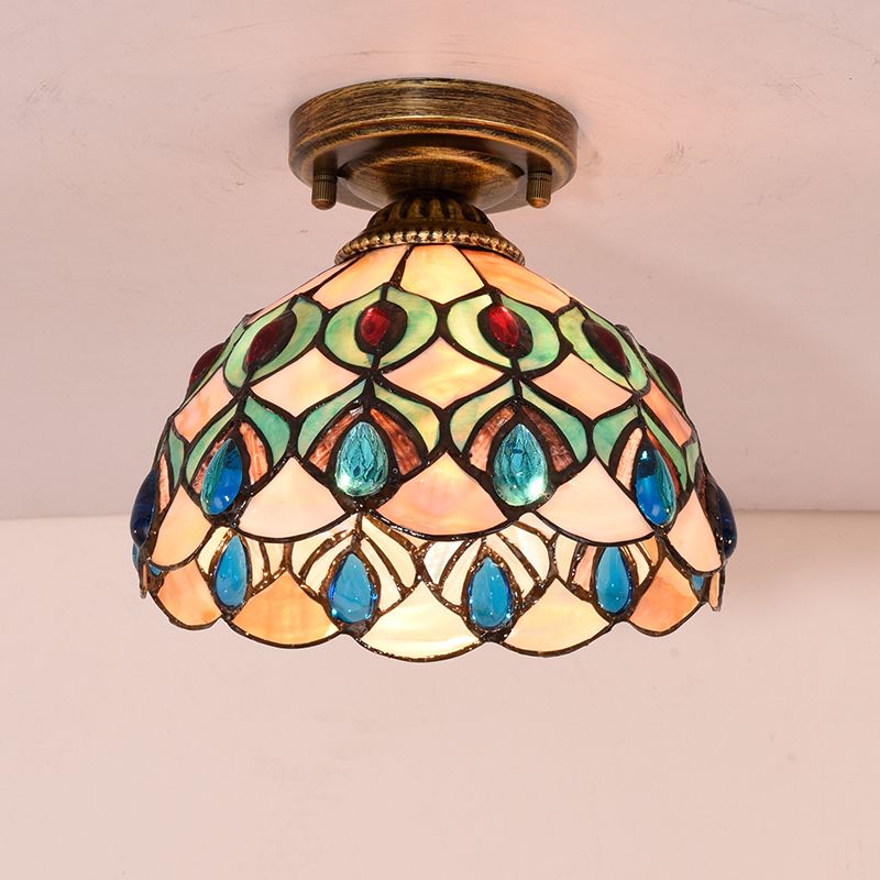 Plafonnier Shell Bowl fait à la main Tiffany à ampoule unique bleu/bleu clair/beige encastré avec cabochons en forme de pierres précieuses
