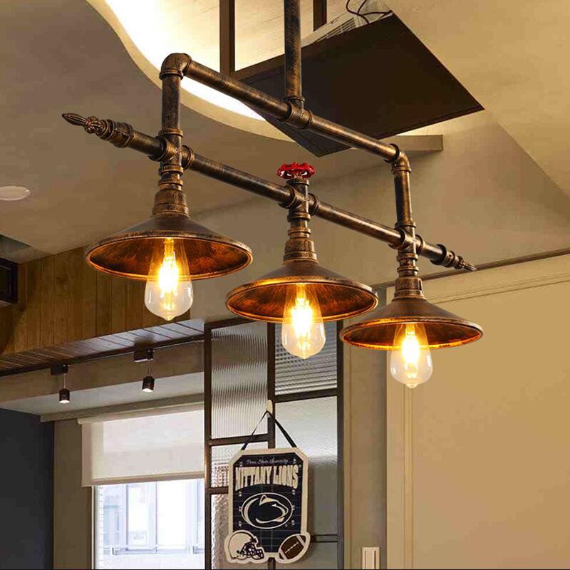 3 Lights Bell Shade Island Lighting Industrial Rust Iron Hanging Ceiling Lamp with Water Pipe Design