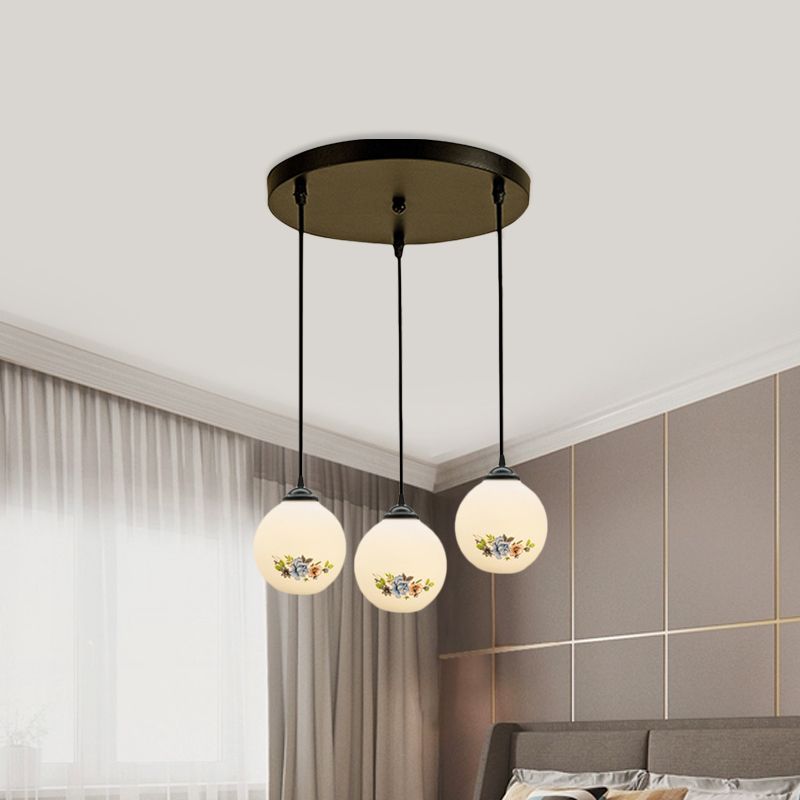 3 Heads Orb Multi-Pendant Modernism Black Finish White Frosted Glass Hanging Light Kit with Flower Pattern and Round/Linear Canopy