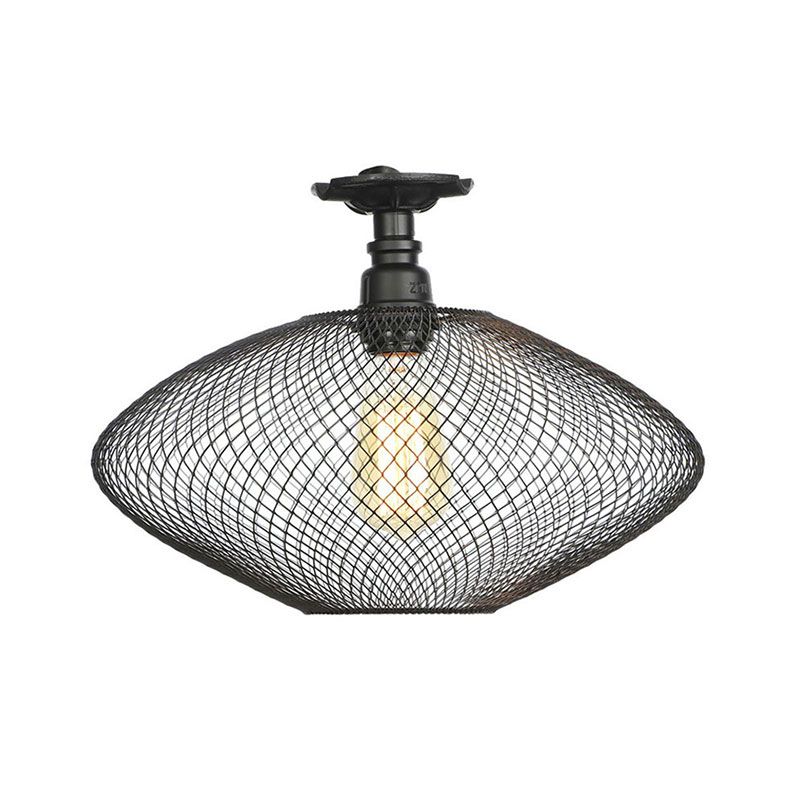 1 Bulb Saucer/Barrel Semi Flush Light Industrial Stylish Black Finish Metal Ceiling Mounted Light with Mesh Screen