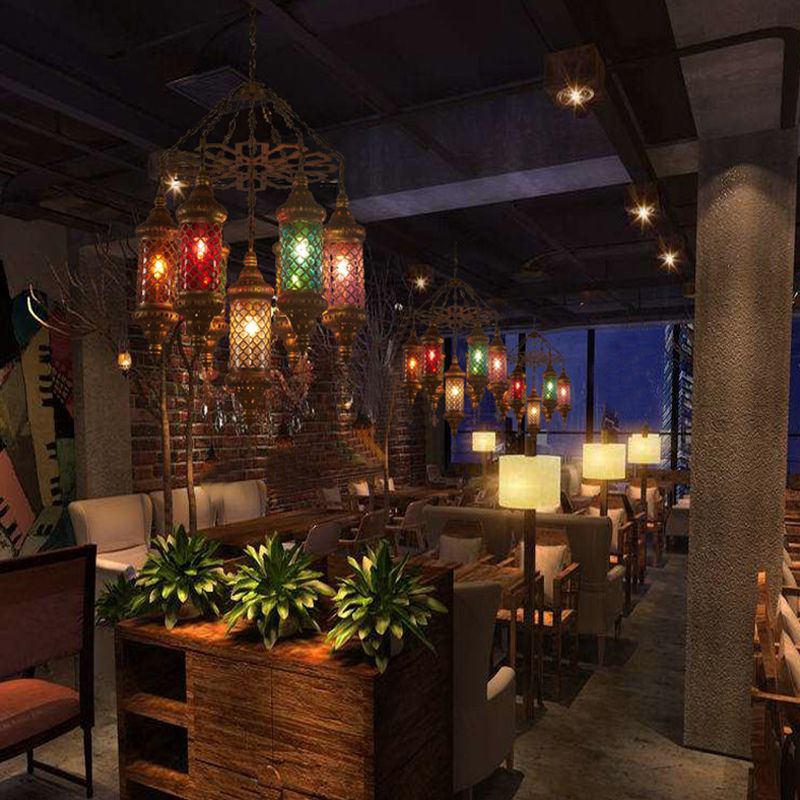 Brass Cylinder Pendant Lighting Industrial Stained Glass 7 Bulbs Restaurant Ceiling Chandelier