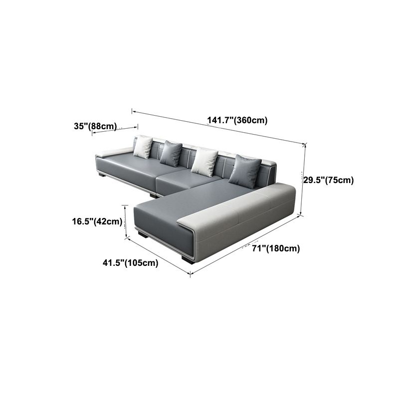 Faux Leather Sofa & Chaise with Pillows Modern U Sofa in Gray - 29.53" H