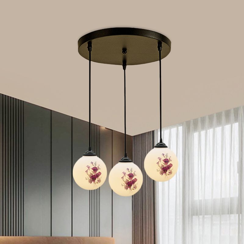 3 Heads Orb Multi-Pendant Modernism Black Finish White Frosted Glass Hanging Light Kit with Flower Pattern and Round/Linear Canopy