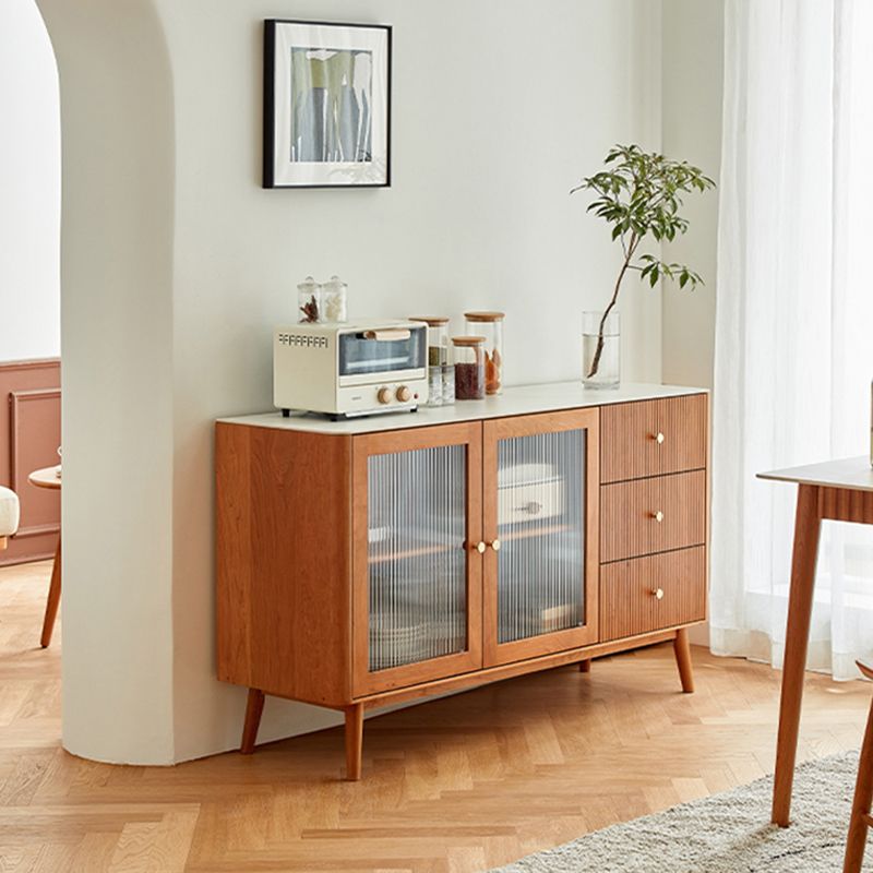 Stone Top Sideboard Modern Cherry Wood with Glass Door in Teak