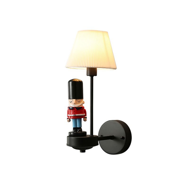 Pleated Fabric Tapered Wall Light Cartoon 1-Light Wall Sconce Lamp with Soldier Decoration in Black