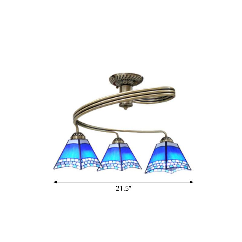 Mediterranean Spiral Ceiling Light Metal Semi Flush Mount Light with Stained Glass Shade