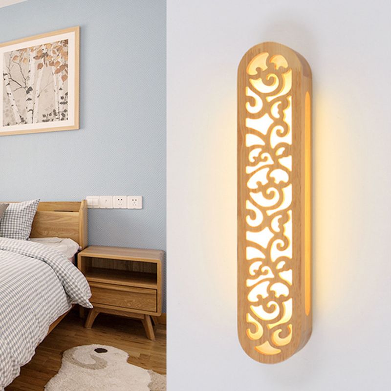 Chinese Style LED Flush Wall Sconce Beige Rectangle Wall Light Fixture with Carving Wood Shade