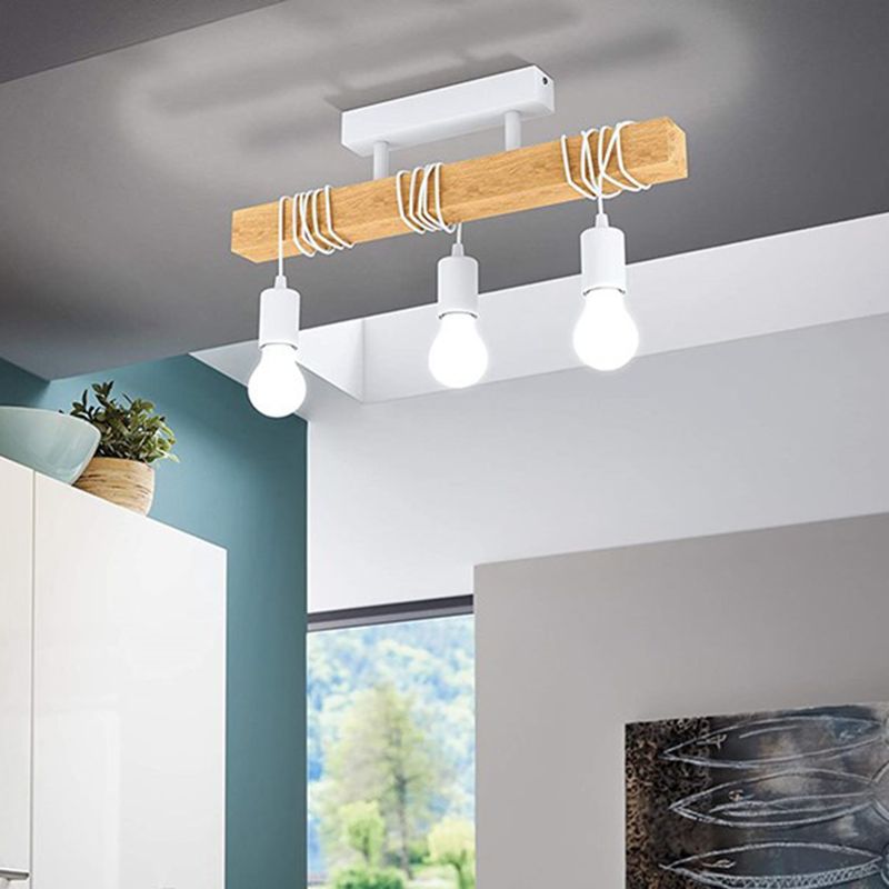 3-Light Bare Bulb Ceiling Fixture Industrial Wooden Semi Flush Mount Light for Kitchen