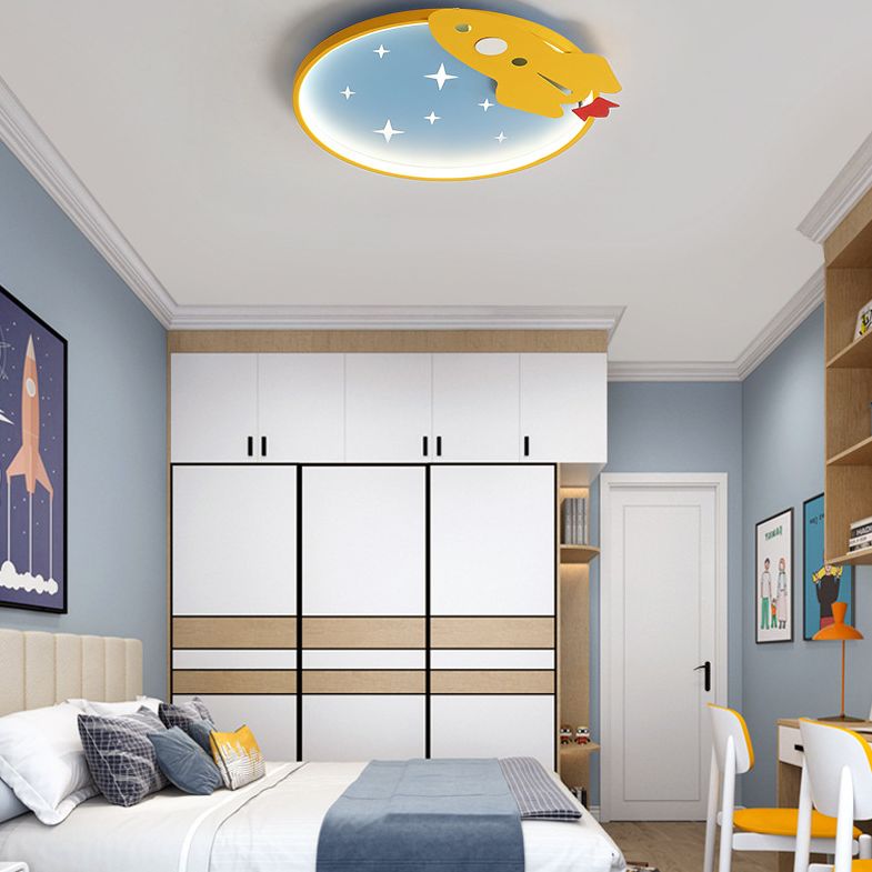 Lampe de plafond LED en métal de dessin animé de lumière affleurante de cercle jaune-bleu avec le décor de fusée
